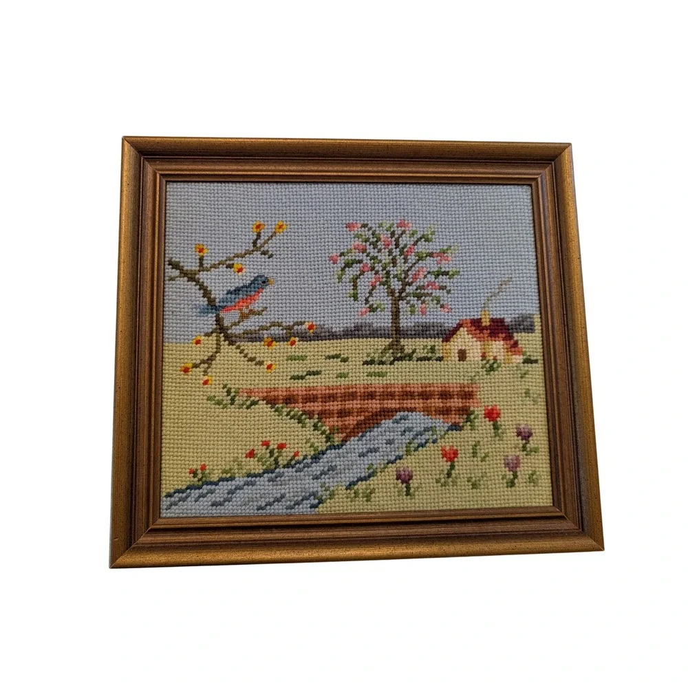 Vintage Needlepoint Framed Art Landscape Bird Cottage Gold Frame 11x10 Country